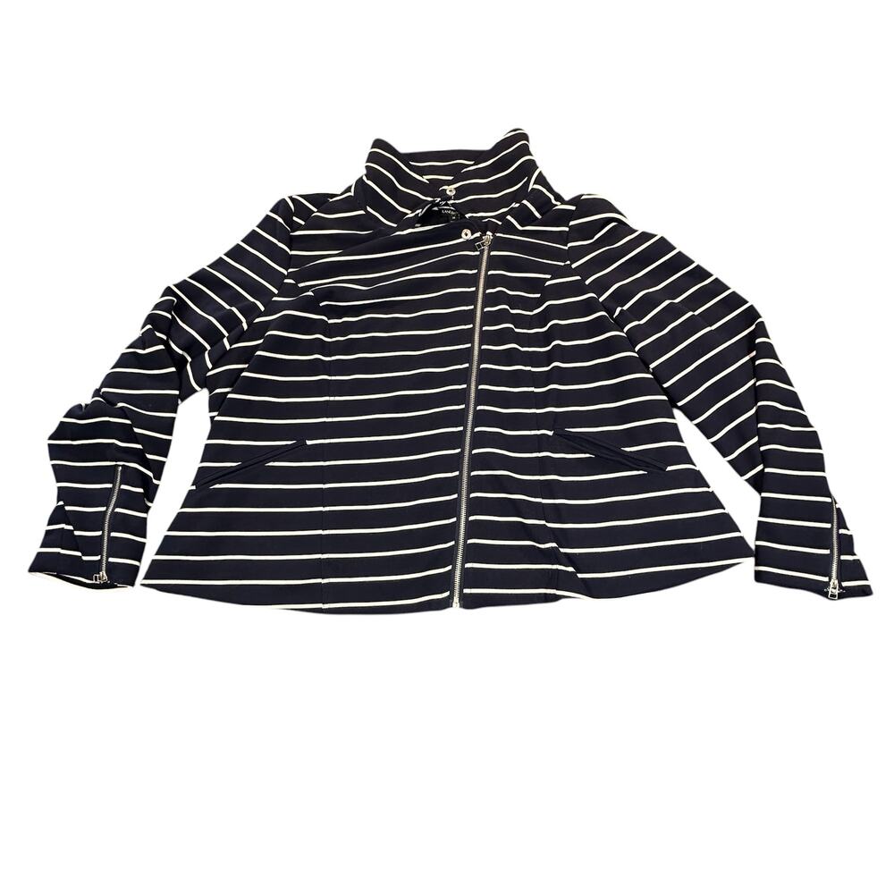 Lane Bryant Jacket Womens 26 Navy Blue White Nautical Stripe Asymmetric Moto Zip